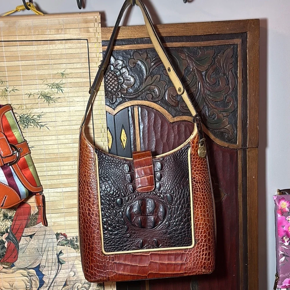 Brahmin Leather Bag Tricolor w Melbourne Croc Magnetic Snap Flap 10”x9.5”x3.5” - Picture 11 of 17